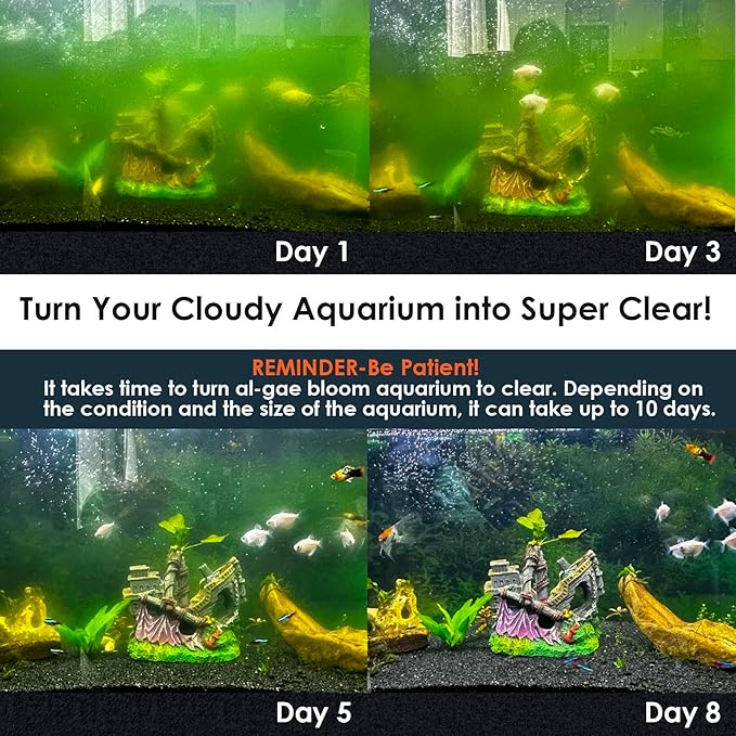 U - V Aquarium Filter with Timer (3/6/12/24 Hours) for Green Water Cleaning, Fish Tank Filter with Aeration & Rainfall Mode, Turtle Filter with Efficient Filter Sponge for Tanks 30-70 Gallon