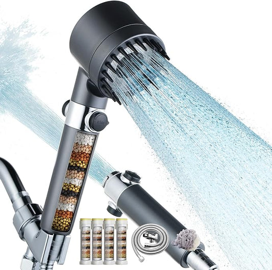 Filtered Handheld Shower Head-High Pressure with 4 Spray Modes,Hard Water Filter for Softer Skin & Hair,ON/OFF Pause Switch, With 79" Stainless Steel Hose,Bracket,4 cartridges, Bath Loofah