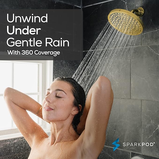 SparkPod Shower Head - High Pressure Rain - Premium Quality Luxury Design - 1-Min Install - Easy Clean Adjustable Replacement for Your Bathroom Shower Heads (Egyptian Gold, 8 Inch Round)