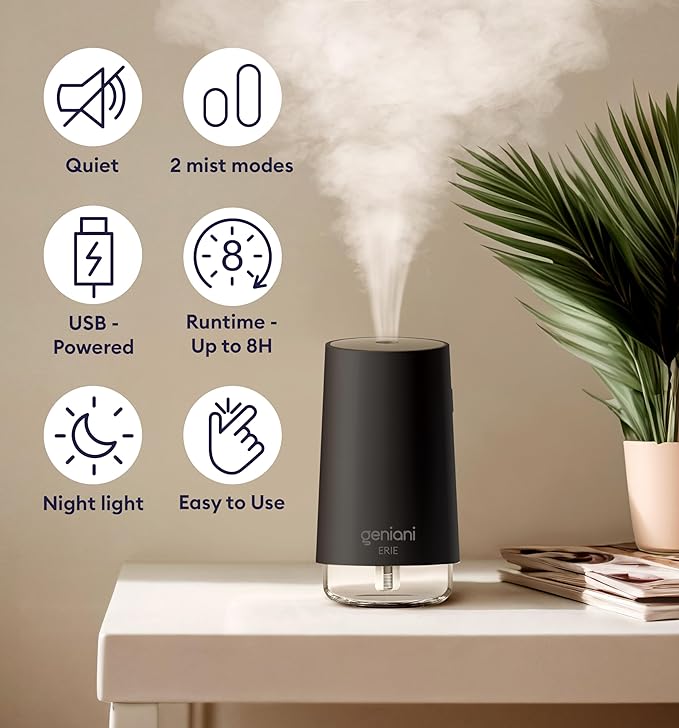 GENIANI Portable Small Cool Mist Humidifier – USB Powered (Not Rechargeable), Compact Desktop Humidifier for Plants, Office, Baby Room – Auto Shut Off & Night Light – Black, 0.25L