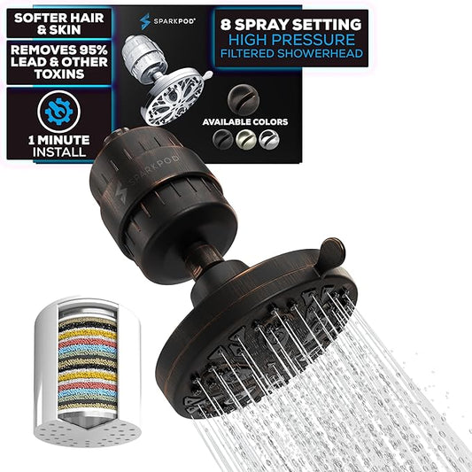 SparkPod 8 Spray Setting Filtered Showerhead - Water Filter Suitable for People with Dry Hair, Skin & Scalp, 5" Shower Head with Enhanced Formula Filter Reduces Chlorine (Oil-Rubbed Bronze)