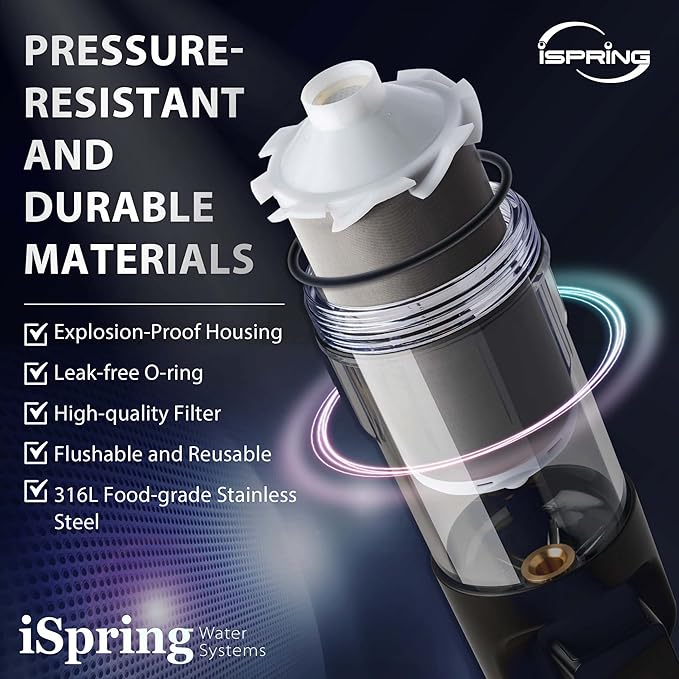 iSpring WSP200ARJ Spin-Down Sediment Water Filter, Upgraded Jumbo Size, Large Capacity, Reusable with Touch-Screen Auto Flushing Module, Brass Top Clear Housing, 200 Microns