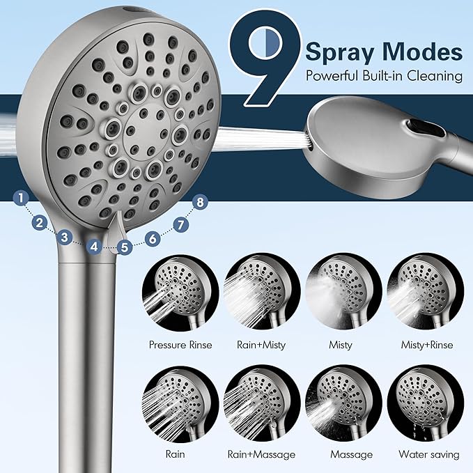 BRIGHT SHOWERS Filtered Shower Head with Handheld, High Pressure 9 Spray Mode Showerhead with Long Hose and Bracket, Water Softener Filters Beads for Hard Water - Removes Chlorine, Brushed Nickel