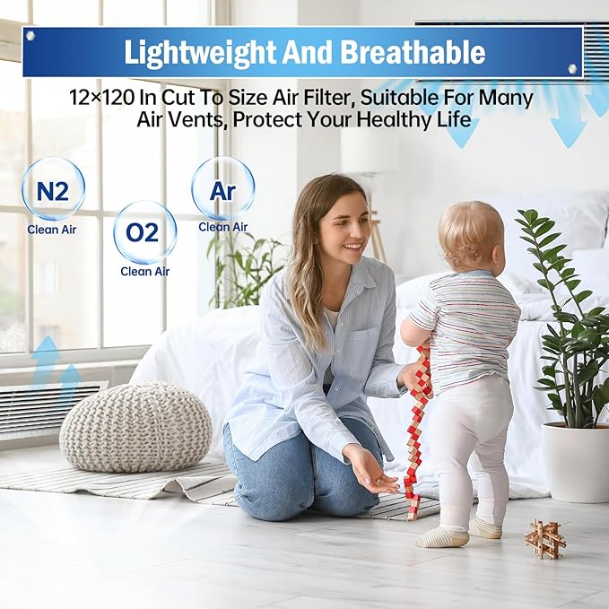 Air Vent Filters 20"X120", MERV 8 Electrostatic Cut to Size Floor Vent Roll, Blue & White Cut to Fit Air Vent Filters for Home Floor, Ceiling, Refrigeration, HVAC Vent And More, Compression Packing