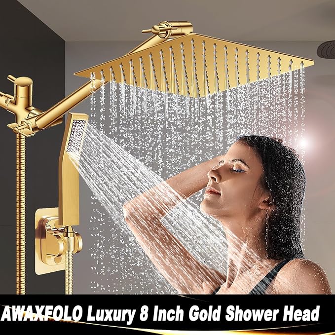 8"High Pressure Square Rain Shower Head and 2-in-1 Hand Shower.Equipped with 78"Hose, 3 Way Diverter Valve,Adhesive Shower Head Holder.(AWAXFOLO Square Shower Head Set gold)