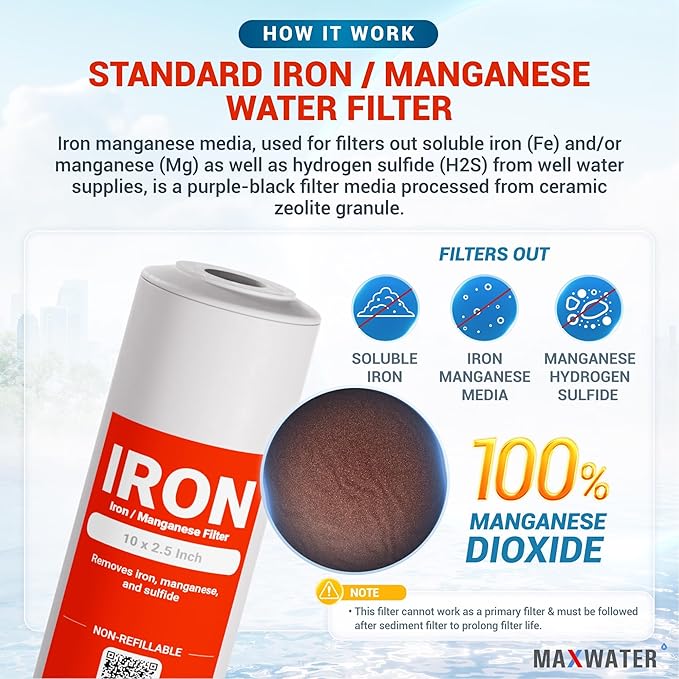 Max Water 10x2.5 Iron & Manganese Whole House Water Filter Replacement Set | 3 Stage Water Filtration System 10" Cartridge Kit | 5 Micron Sediment, Iron Manganese & CTO Carbon Filters