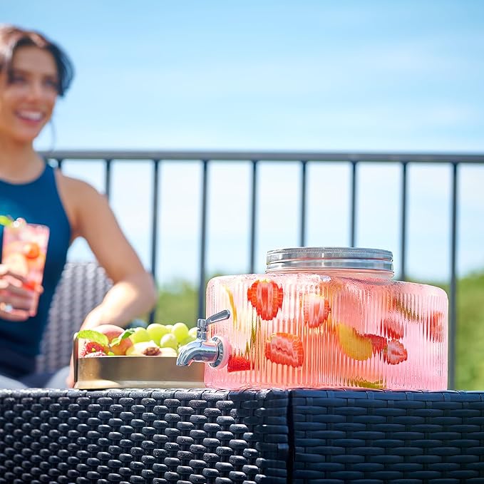 Glass Drink Dispenser for Fridge - 100% Leakproof Stainless Steel Spigot - Liquid Laundry Detergent Dispenser, Punch Bowl Beverage Dispenser for Parties, Water Dispenser Countertop, 5L Jug 1.32 Gallon