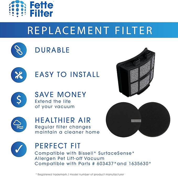 Fette Filter Replacement Filters for Bissell Vacuums, Compatible with SurfaceSense MultiClean 3418, Pet Hair Eraser Turbo 3774F, PowerLifter 3404.2 Post-Motor & 4 Pre-Motor Filters