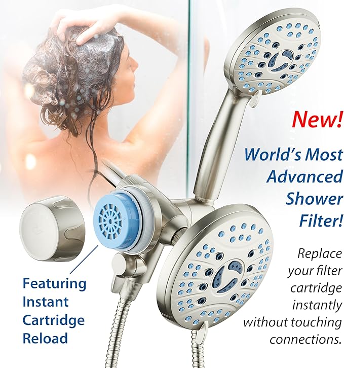Skin & Hair - World's Most Advanced Shower Filter for Combos with ON/OFF Filtration Modes, Instant Cartridge Reload, Built-in Water Diverter, Stay-Clean Enriched KDF Cartridge/Satin Nickel