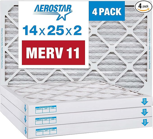Aerostar 14x25x2 MERV 11 Pleated Air Filter, AC Furnace Air Filter, 4 Pack (Actual Size: 13 1/2" x 24 1/2" x 1 3/4")