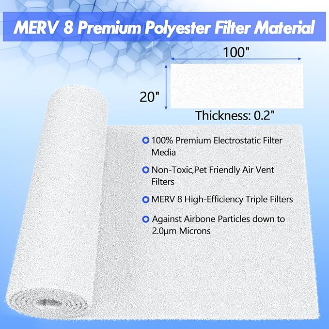 Air Vent Filter Kit - 20" x 100" Cut to Fit Air Filter Materials MERV 8 Electrostatic Media Roll for Home Floor, Ceiling, AC, HVAC, RVC Furnace Vents, With 48PCs Adhesive Hook Tape
