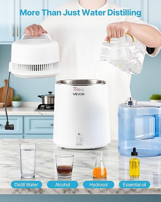 VEVOR Water Distiller, 6L 1.6 Gallon Larger Pure Water Purifier Filter for Home Table Countertop, 900W Plastic Distilled Maker, Stainless Steel Interior Drinking Machine to Make Clean Waters, White