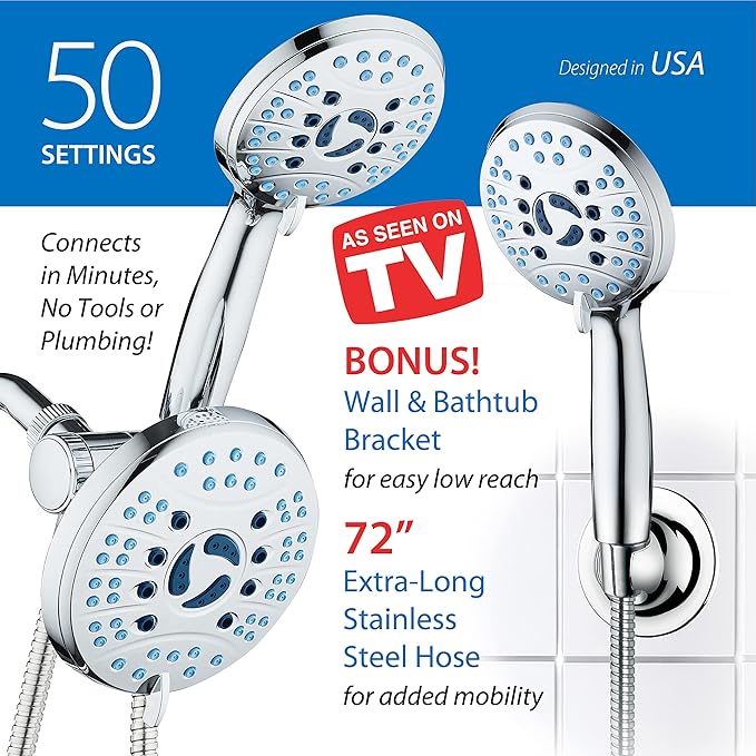 Hotel Spa AquaCare As-Seen-On-TV High Pressure Handheld & Rain 50-mode 3-way Shower Head Combo with Anti-clog Jets, 2-mode Tub & Pet Power Wash, Extra Wall Bracket, 6 ft. Hose, All Chrome Finish