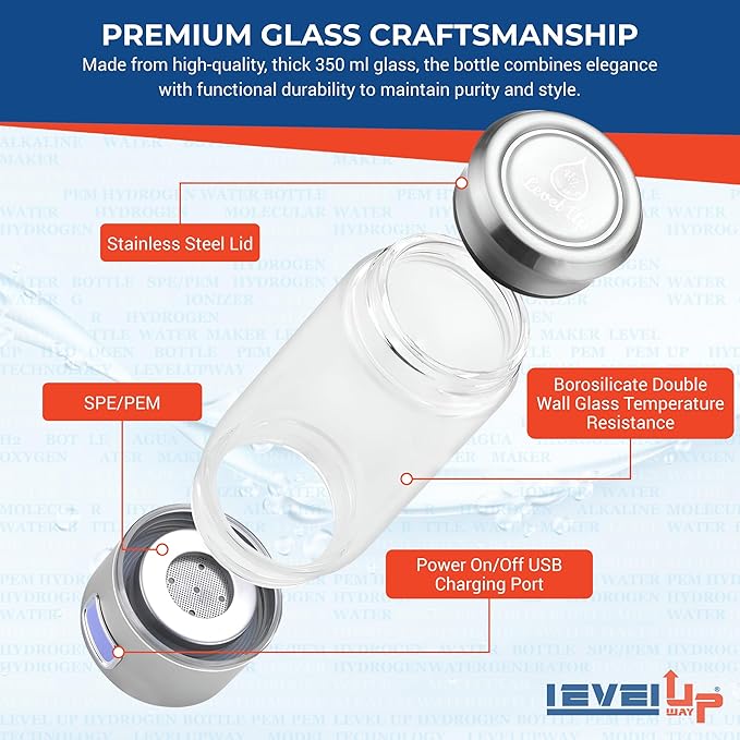 LevelUpWay - Hydrogen Water Bottle Up to 4000PPB SPE PEM Technology Water Ionizer (Borosilicate Glass, Silver)