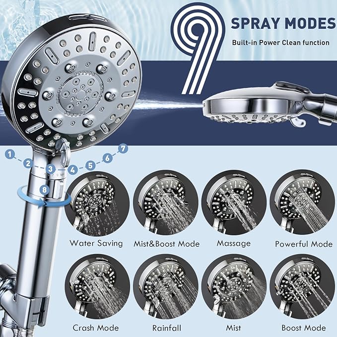 Filtered Shower Head with Handheld,High Pressure 9-Spray Showerhead - Water Softener with Filter Beads for Hard Water,Removes Chlorine, Reduces Dry & Itchy Skin,Anti-Clog Nozzles,Flow Regulation