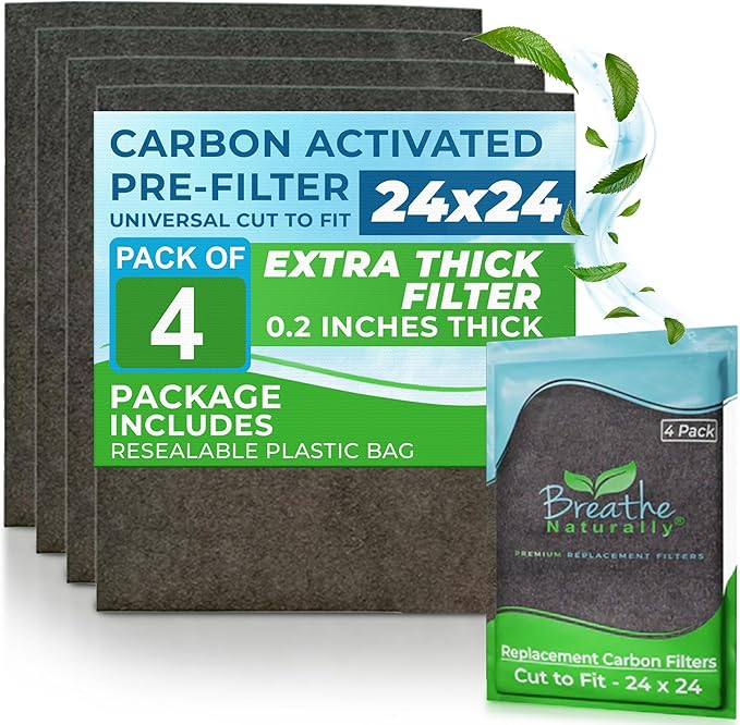 Breathe Naturally Universal Cut To Fit Carbon Activated Air Filter - Replacement Charcoal Filters - Pre Filter Carbon Sheet for Air Purifier, Vent Filters & More - Made in USA (Pack of 4, 24x24)