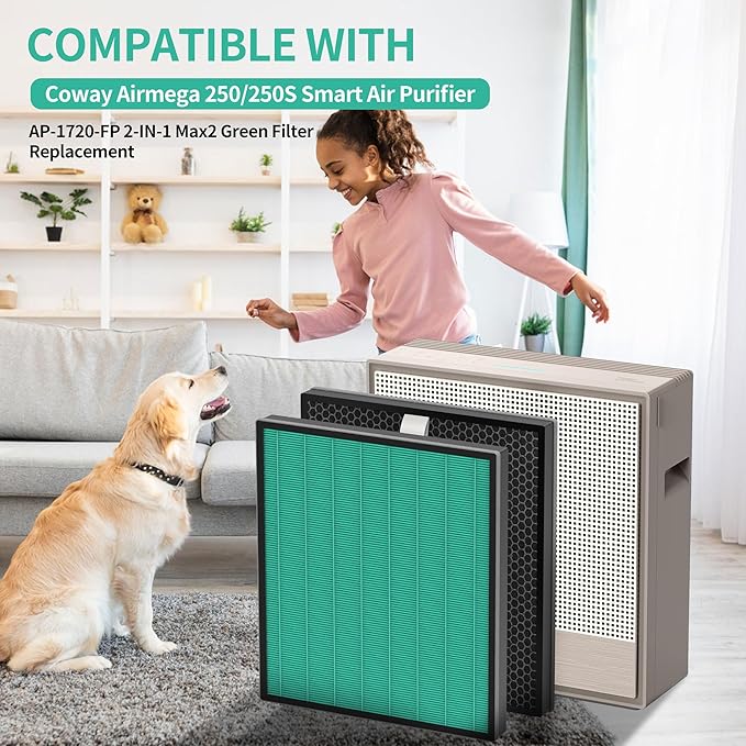 Airmega 250/250S Max2 Replacement Filters (2 Pack) - Green True HEPA & Activated Carbon Filters Compatible with Coway Airmega 250, 250S, 250ART, AP-1720-FP