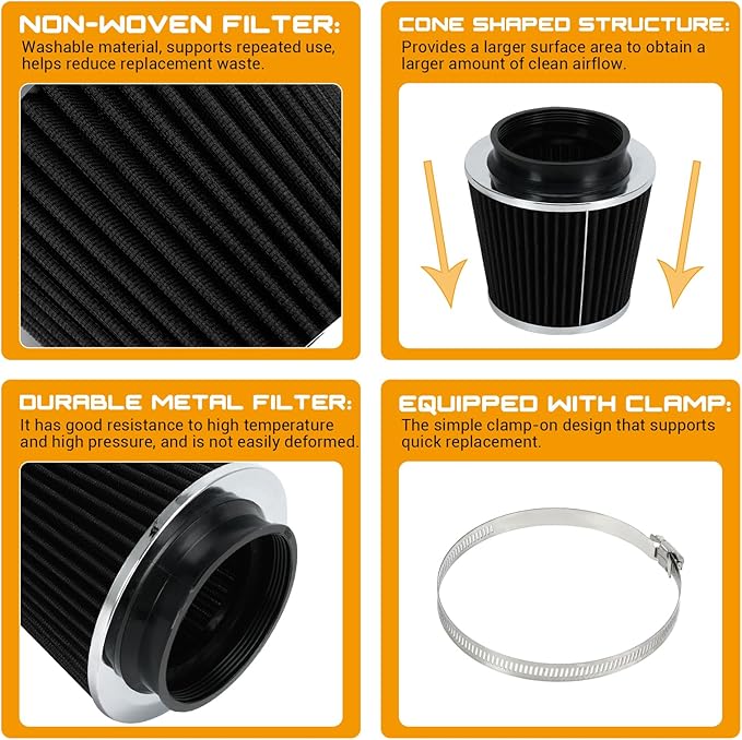 PTNHZ Universal Black 4" 102mm High Flow Cold Air Intake Cone Air Filter Power Intake Air Inlet System Air Cleaner