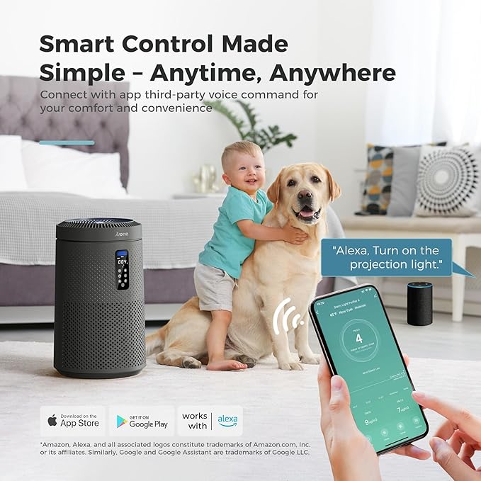 AROEVE Air Purifier for Large Rooms up to 1,782 Sq. Ft. with Star Projector, Smart WiFi, Air Quality Sensor, UV Function, and Washable Filter for Whole Home Use for a Cozy Holiday, MK09W Black