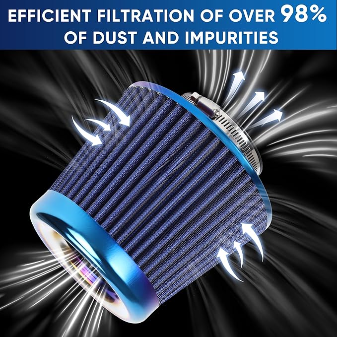 Universal Cold Air Intake Filter Clamp-On Replacement Air Filter Flange Diameter 3 inches/76mm High Performance Washable Filter Blue