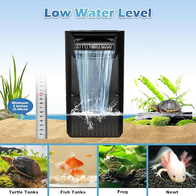 222GPH 10W Turtle Tank Filter Aquarium Filter Power Adjustable 10-40 Gal. Small Internal Filter 3-Stage Waterfall Bio-Filtration Quiet Low Water Level for Freshwater Saltwater Fish Tank Easy to Clean