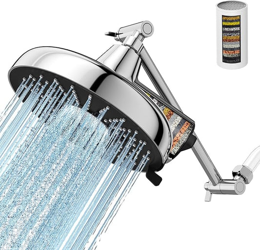 Filtered Shower Head with Extension Arm - EMBATHER 8 Inch High Output Showrhead with 3 Spray Settings, 18 Stage Filter for Hard Water, 11" Adjustable Arm, Brass Swivel Ball Jiont, Chrom