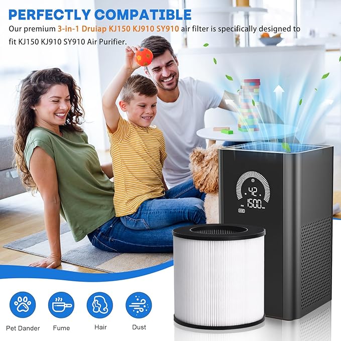 KJ150 KJ910 SY910 Filter Replacement for Druiap KJ150, for Muliap & Generic KJ910, for Cwxwei SY910(AF3001) Air Purifier, 3-in-1 H13 Ture Activated Carbon Air Filter Replacement, 2 PCS, White