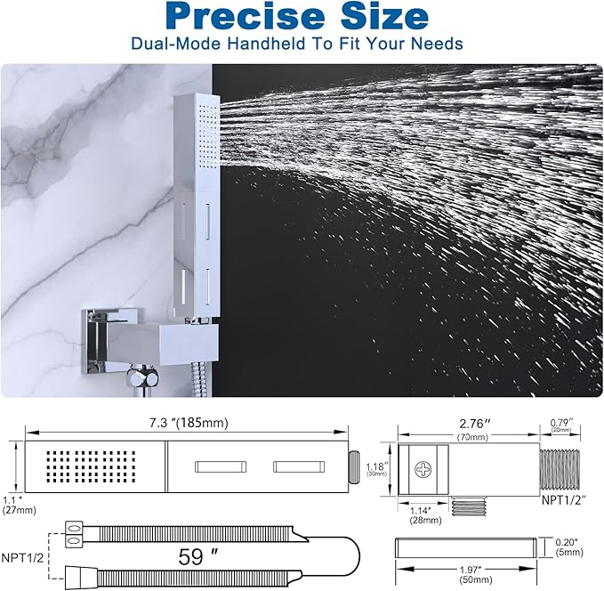 2 Settings Handheld Sprayer High-Pressure Shower Head with 59inch Flexible Hose, Square 2 in1 Model Solid Brass Adjustable Shower Wand Replacement Kit, Polished Chrome