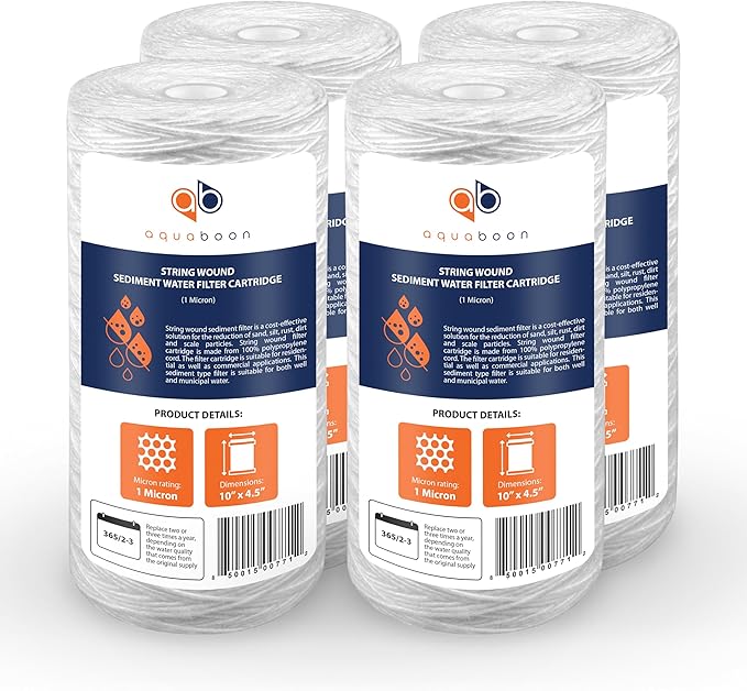 Aquaboon 1 Micron String Wound Water Filter 10x4.5 Replacement - Whole House Water Filter Cartridge Compatible with WP5BB97P,WP10BB97P, AP810, 4-Pack