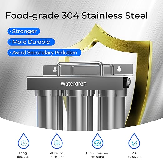 Waterdrop TST-UF-B 0.01 Micron Ultra-Filtration Under Sink Water Filter, 3-Stage Stainless Steel Under Sink Water Filtration System with Dedicated Faucet, 3 Filter Included (Drilling Required)