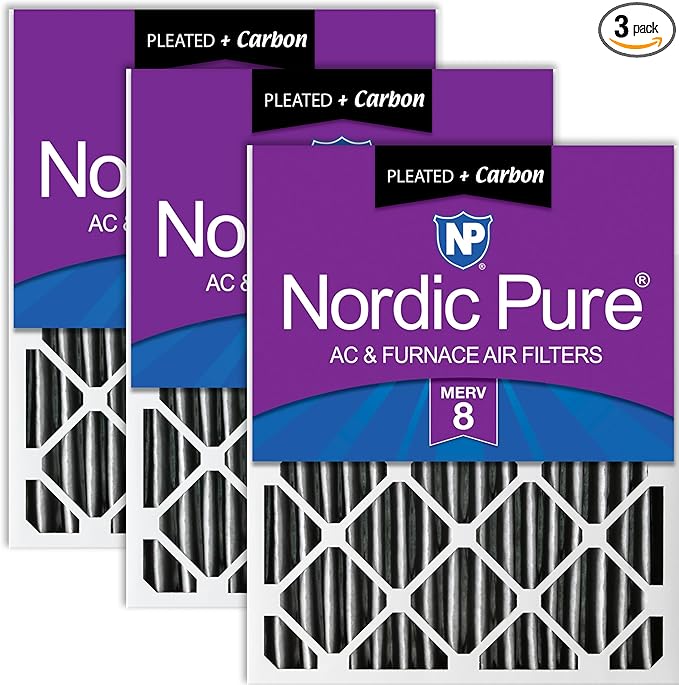 Nordic Pure 14x25x2 (13 1/2 x 24 1/2 x 1 3/4) Furnace Air Filters MERV 8 Pleated Plus Carbon 3 Pack