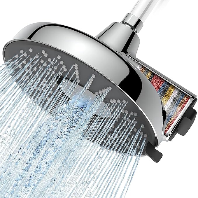 Filtered Shower Head 8 Inch - High Pressure Fixed Rain Showerhead with 18-Stage Filter for Hard Water Softener - Reduces Chlorine and Heavy Metals (Chrome）