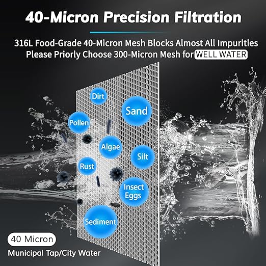 40 Micron Spin Down Sediment Filters With Scraper, Disassembly-Free Sediment Filter, Reusable Whole House Water Filter System for City/Well Water, 1" MNPT + 3/4" FNPT + 3/4"MNPT, BPA Free