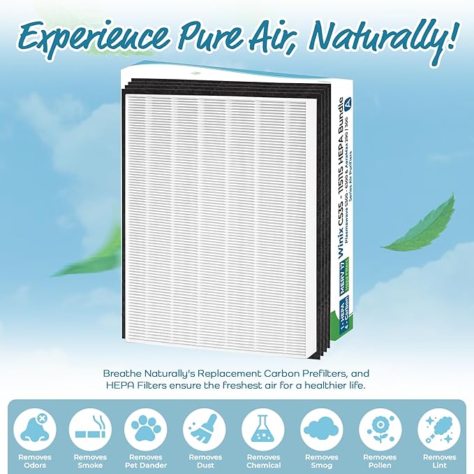 Breathe Naturally Replacement Filters Compatible with Winix C535, Plasmawave 5300, 6300 and Aeramax 300/290 Air Purifiers - HEPA Filters - Carbon Activated Filter (1 HEPA Filter + 4 Carbon Prefilters)