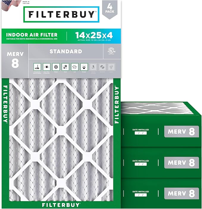 Filterbuy 14x25x4 Air Filter MERV 8 (MPR 700) Dust Defense Replacement (4-Pack), Electrostatic Pleated HVAC AC Furnace Filters, Made in USA (Actual Size: 13.88 x 24.88 x 3.63)