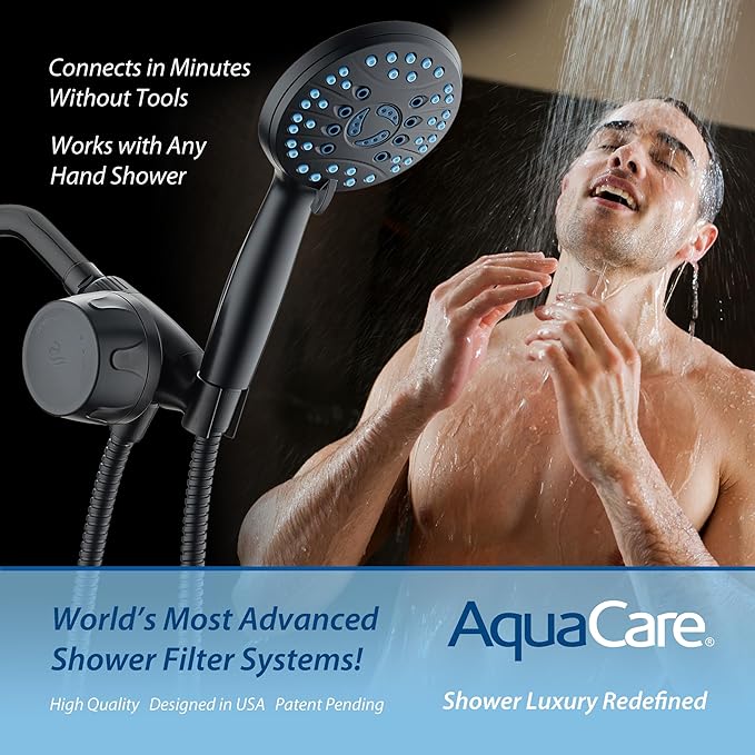 Skin & Hair by AquaCare - World's Most Advanced Shower Filter for Hand Showers with ON/OFF Filtration Modes,Instant Cartridge Reload,Built-in Bracket & Stay-Clean Enriched KDF Cartridge/Matte Black