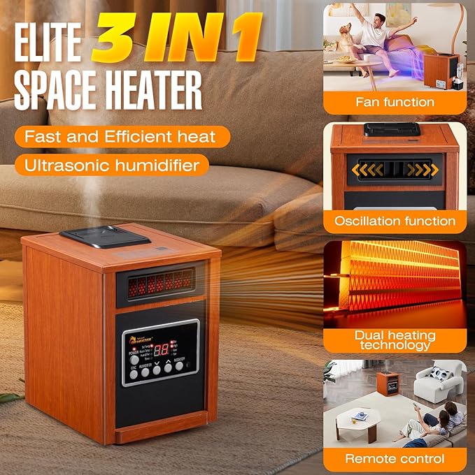 Dr Infrared Heater DR-998, 1500W, Space Heater with Humidifier, Oscillation Fan & Remote Control (Cherry)