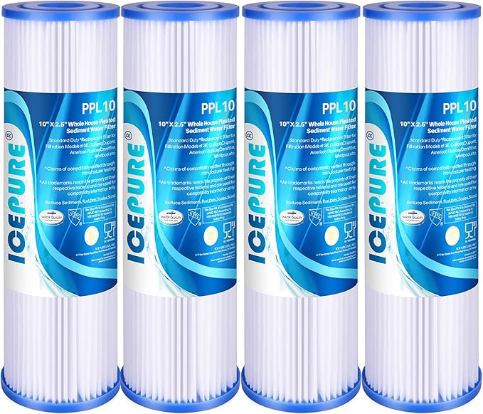 10" x 2.5" Pleated Sediment Water Filter Cartridge Replacement Any 10 inch RO Unit, Compatible with R50, Dupont WFPFC3002, Whirlpool WHKF-WHPL, GE FXWPC, Hydronix SPC-25-1050, Watts FM-50-975 4PACK