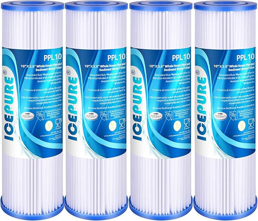 10" x 2.5" Pleated Sediment Water Filter Cartridge Replacement Any 10 inch RO Unit, Compatible with R50, Dupont WFPFC3002, Whirlpool WHKF-WHPL, GE FXWPC, Hydronix SPC-25-1050, Watts FM-50-975 4PACK
