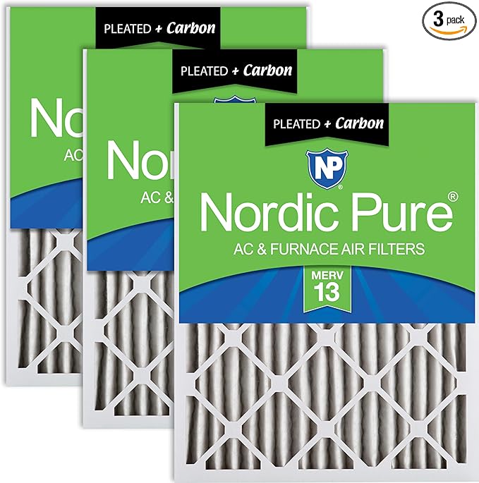 Nordic Pure 14x25x2 (13 1/2 x 24 1/2 x 1 3/4) Pleated Air Filters MERV 13 Plus Carbon 3 Pack