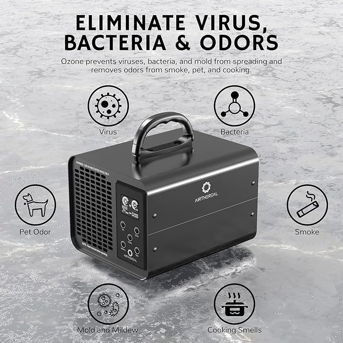 Airthereal MA10K-PRO SMART WiFi Ozone Generator - High Ozone Output Capacity Ozonator- Odor Remover, Deodorizer, Sterilizer - Adjustable Output and Timer Settings for Any Size Room - Black