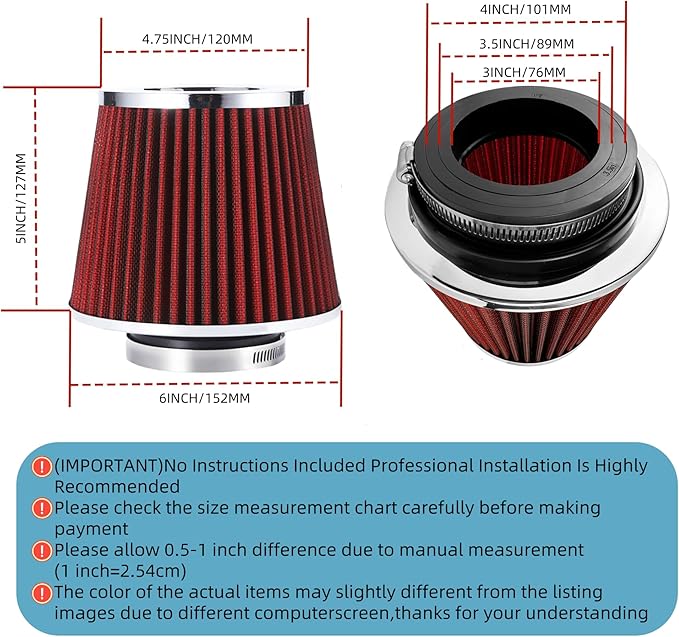 Universal Clamp-On Air Intake Filter, Fit Intake Tube with 3/3.5/4in Diameter, High Performance, Washable Filter, Replacement Air Filter, Flange Diameter 3inch/76mm (Red)