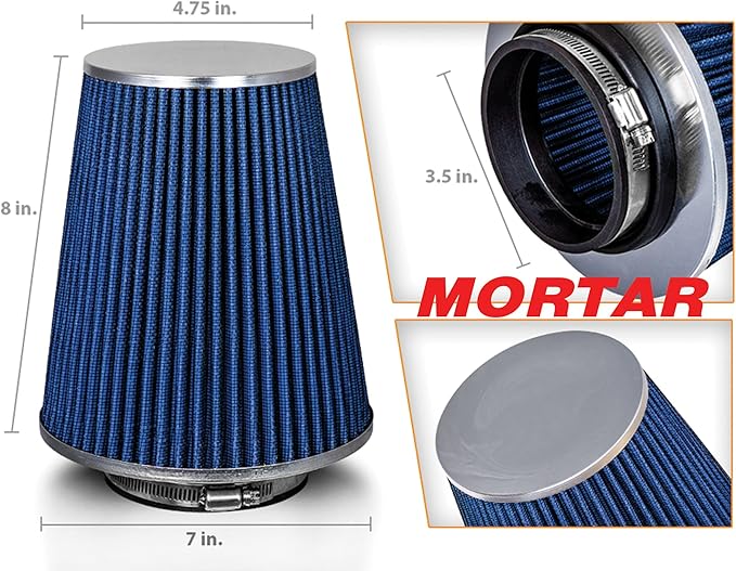 Mortar Aftermarket Auto Air Filter - Car Enthusiast Class Universal Cold Air Intake Gulps in More Air for More Engine Power & Passionate Induction Sound, 8-In-Long, Flange ID 3.5 In, Blue