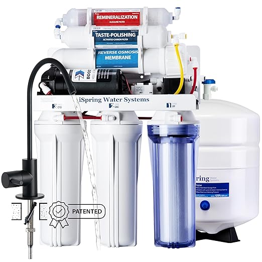 iSpring RCC7P-AK-BLK, 6-Stage Alkaline Reverse Osmosis System with Booster Pump, RO Water Filtration System, Sleek Black RO Faucet, TDS PFAS Removal, Patented Top-Mounted Faucet for Easy Installation
