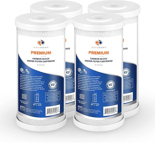Aquaboon 5 Micron 10 x 4.5 Premium Carbon Filter Cartridge Whole House CTO Block Water Filter Replacement Compatible with FXHTC, CB-BB-10, 4-Pack