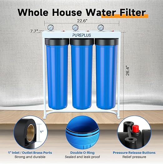 PUREPLUS 20-Inch 3-Stage Whole House Water Filter, Home Filtration System | Sediment, Granular Activated Carbon, Carbon Block Filters | Built-in Pressure Gauges, with Steel Stand Frame