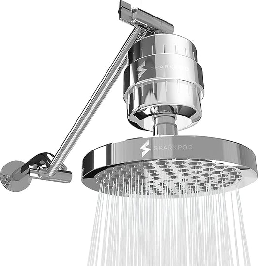 SparkPod 6" High Pressure Rain Shower Head with 23 Stage Filter Capsule & 11 Inch Adjustable Shower Arm Extension - Shower Filter Reduces Chlorine for Smoother Hair & Skin (Round, Polished Chrome)