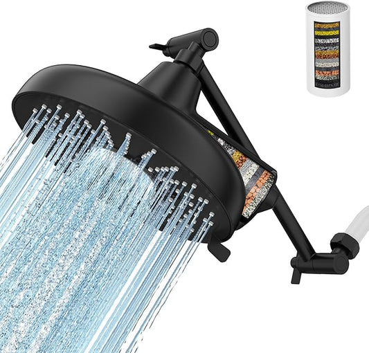 Filtered Shower Head with Extension Arm - EMBATHER 8 Inch High Output Showrhead with 3 Spray Settings, 18 Stage Filter for Hard Water, 11" Adjustable Arm, Brass Swivel Ball Jiont, Matt Black