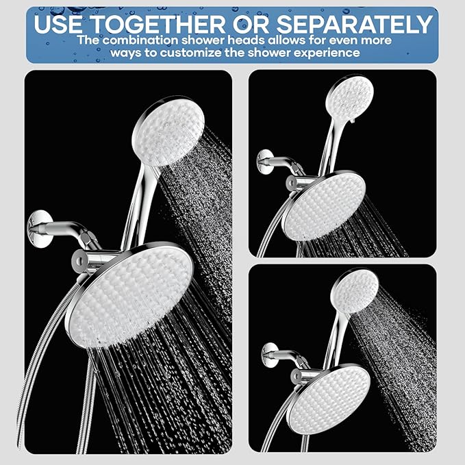 8.6 inch High Pressure 3-Way Shower Heads Combo, Pulsating Rainfall Shower Head, 6-Settings Dual Shower Head with Handheld Hose 6ft Chrome
