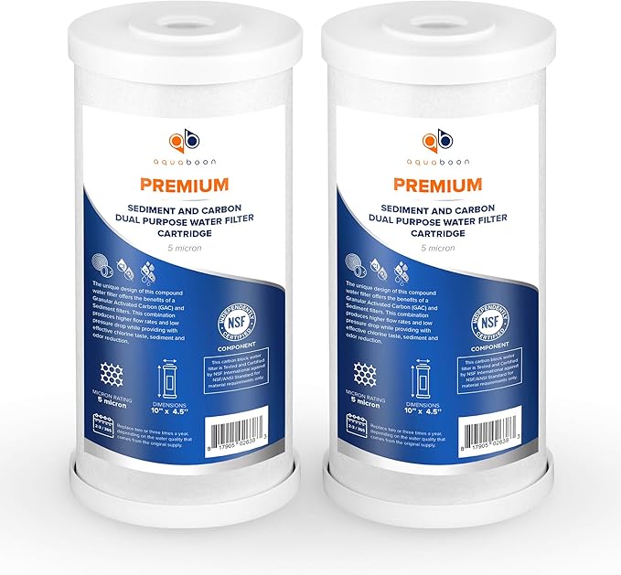 Aquaboon 5 Micron 10 x 4.5 Whole House Water Filter Replacement Cartridge, Superior High-Capacity Whole House Carbon And Sediment Water Filter Compatible With FXHTC, GXWH35F, WHKF-GD25BB (2 Pack)